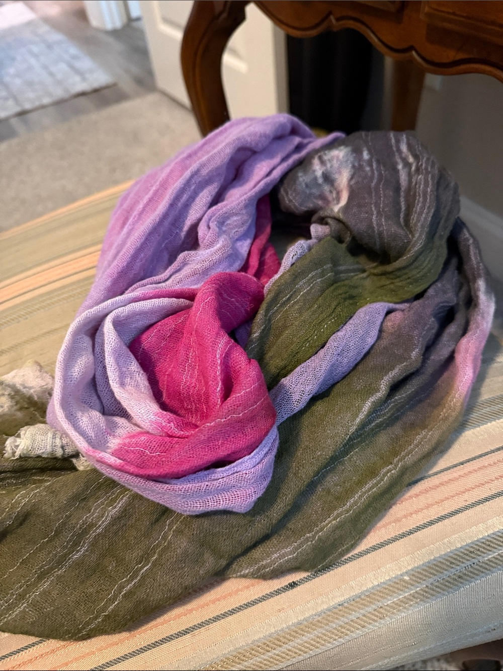 Vibrant Pink, Lavender & Olive Green Lightweight Tie-dyed Scarf